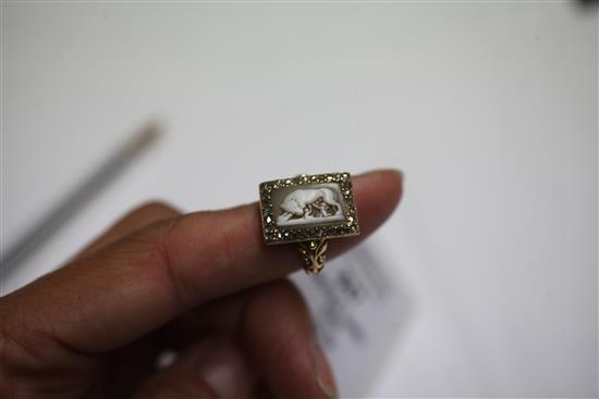 An antique gold, cameo and rose cut diamond set ring, size K.